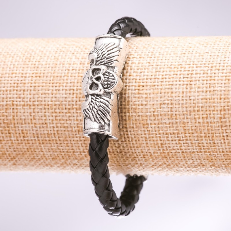 Skull Bracelet, Eco Leather Braid, Black, 20cm length