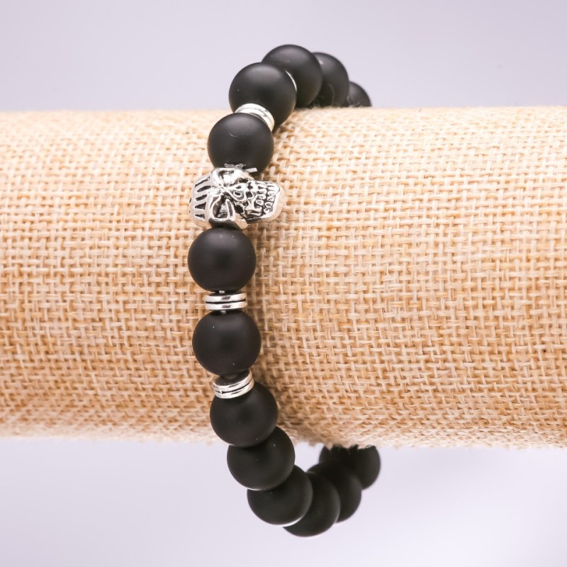 Elastic Bracelet Shungite (imitation) Skull, diameter 10mm, length 18cm +