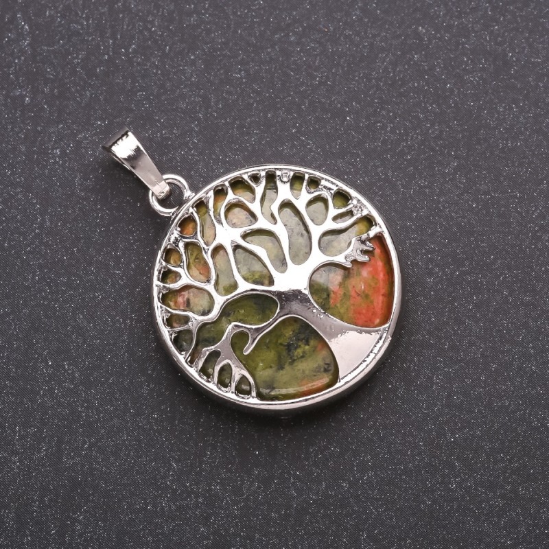Pendant made of natural Unakite Heliotrope stone in a "Tree" setting, diameter 27mm