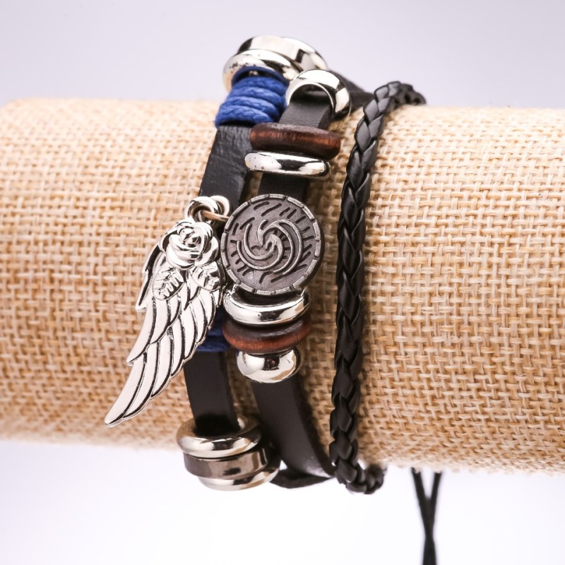 Eco Leather Bracelet, Wing Drawstring, 18-24cm Length, Black