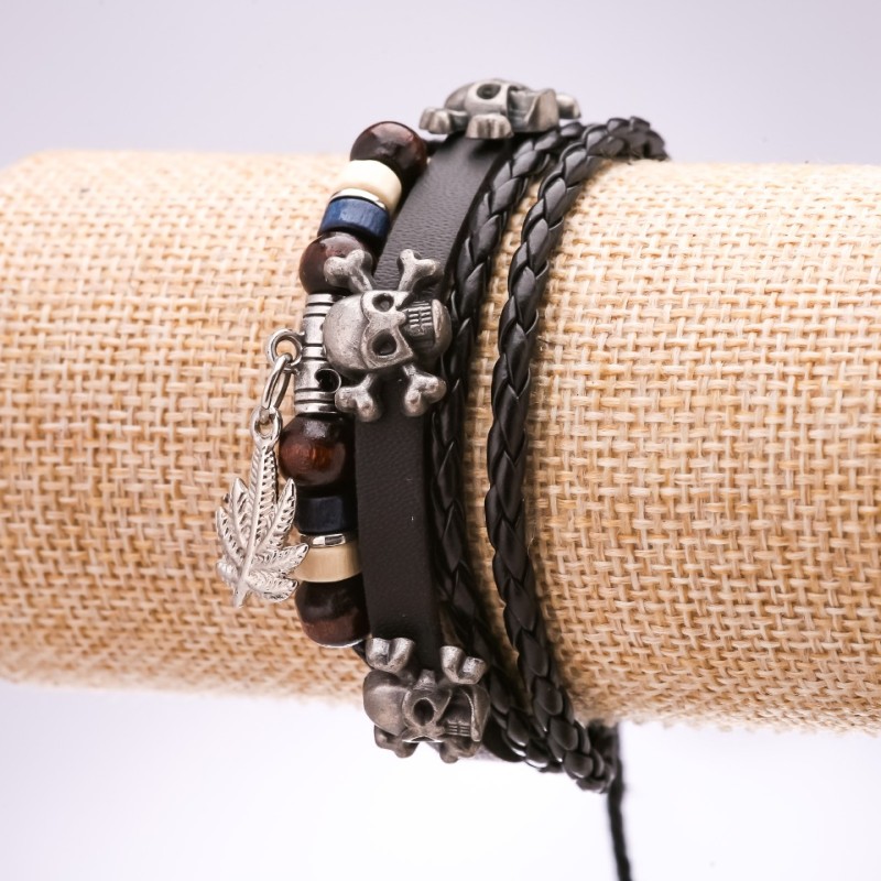 Eco Leather Bracelet, Skulls Drawstring, 18-24cm Length, Black