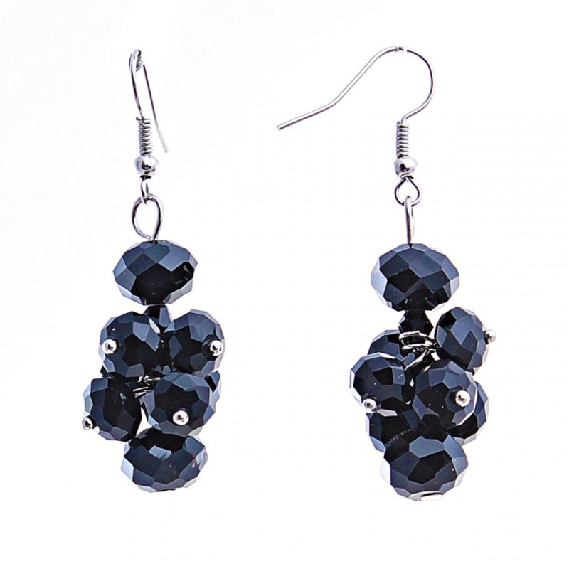 Earrings with Black Faceted Stone, Silver-Plated Metal, 50mm