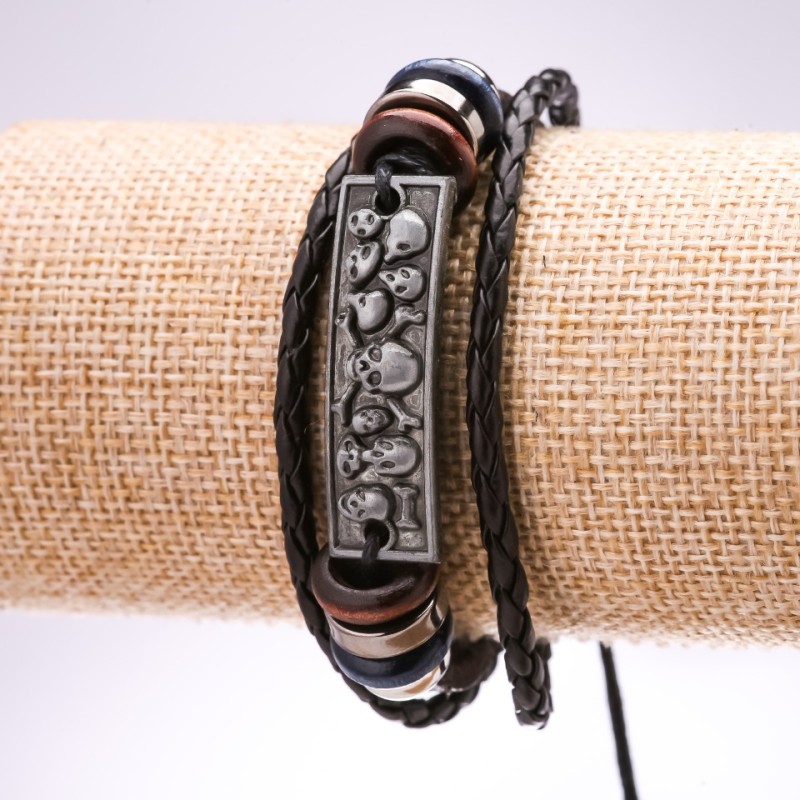 Eco Leather Bracelet, Skulls Drawstring, 18-24cm Length, Black