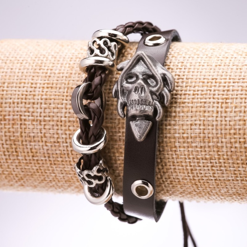 Eco Leather Bracelet, Skull Drawstring, 18-24cm Length, Brown