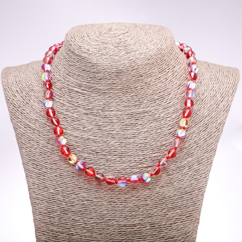 Opal Glass Necklace, Red Smooth Bead, 8mm Diameter, 45cm Length