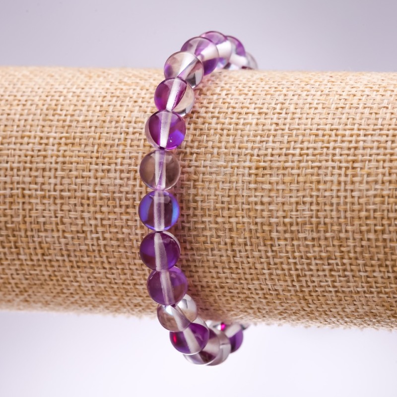 Opal Glass Bracelet, Lilac Smooth Bead, 8mm Diameter, 18cm Length on Elastic