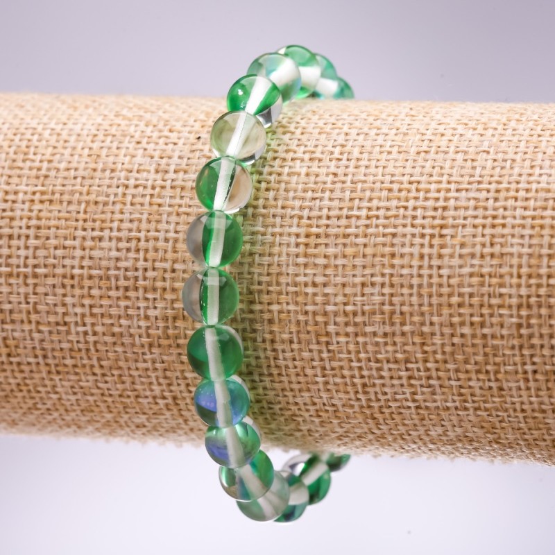 Opal Glass Bracelet Green Smooth Ball, 8mm Diameter, 18cm Length on Elastic