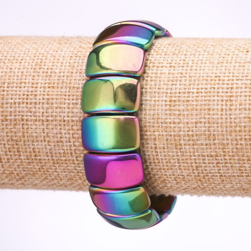 Bracelet Hematite with Rainbow Coating "Benzini" 12x20mm links, 18cm length on elastic