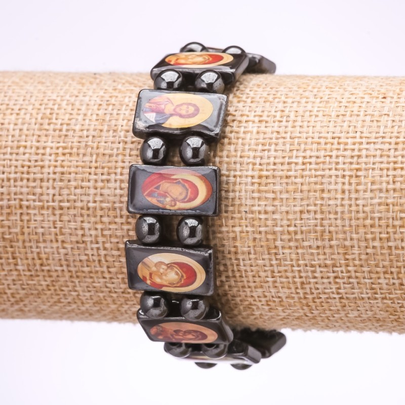 Clearance Hematite Bracelet with "Virgin Mary and Saviour" Icons on Elastic, Link 18x10mm (with Defect)
