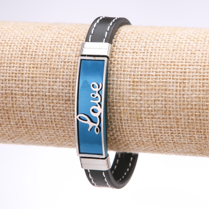 Unisex Love Bracelet, Blue Rubber Cord with Steel Plate, 12mm Thick, 20cm Length