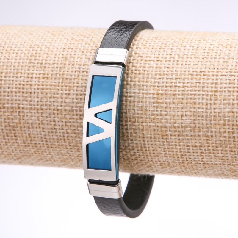 Unisex Zigzag Bracelet, Blue Eco-Leather with Steel Plate, 12mm Thick, 20cm Length