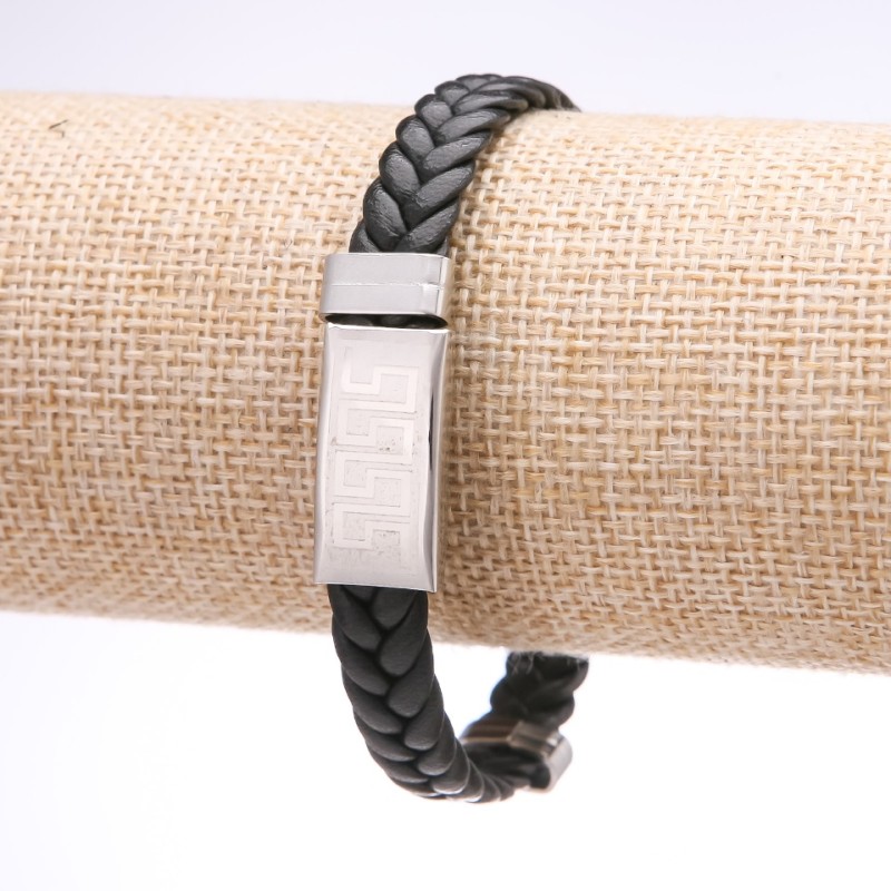 Unisex Greek Ornament Bracelet, eco-leather braid, steel plate, 12mm thickness, 20cm length