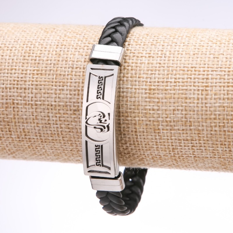 Unisex Greek Ornament Bracelet, eco-leather braid, steel plate, 12mm thickness, 20cm length