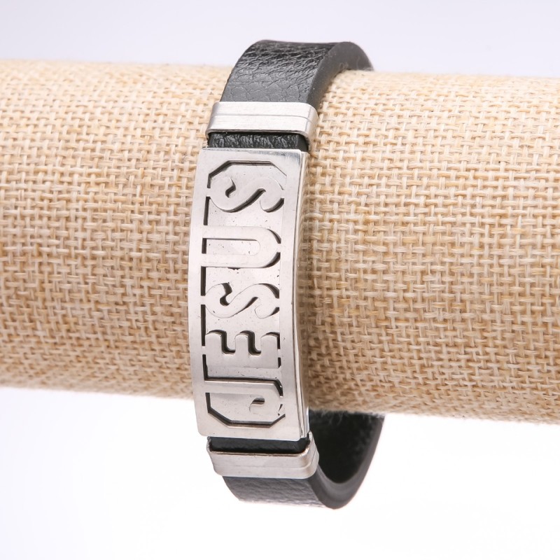 Men's Jesus Bracelet, eco-leather, wide steel plate, 14-16mm thickness, 20cm length