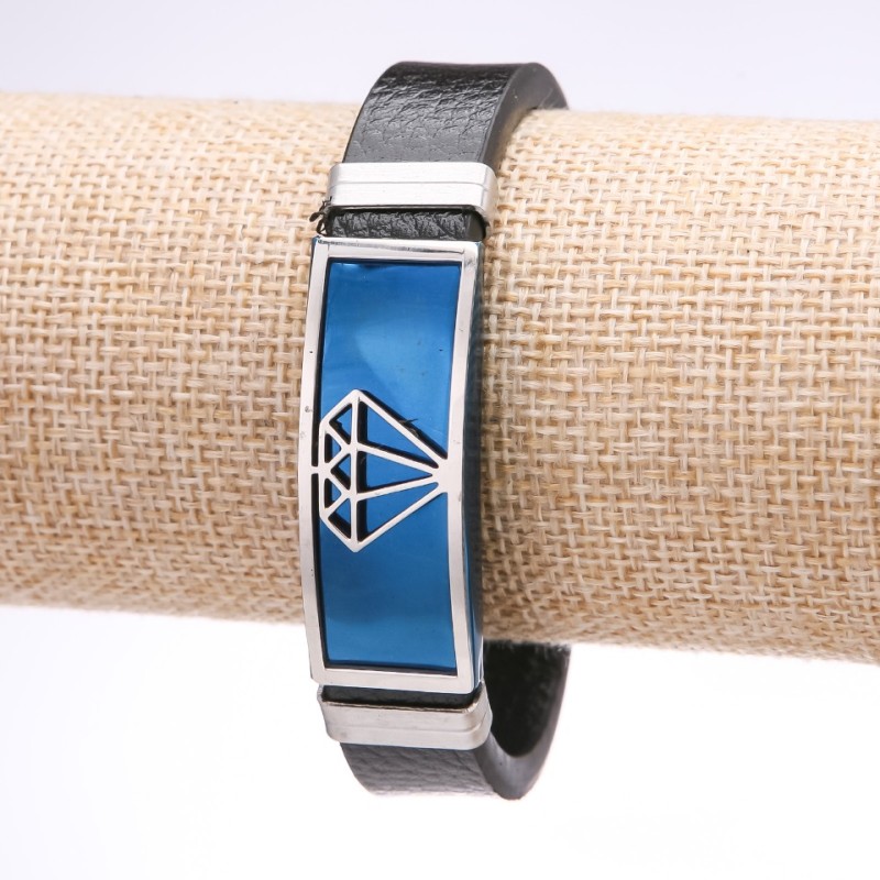 Men's Diamond Bracelet, blue eco-leather, wide steel plate, 14-16mm thickness, 20cm length