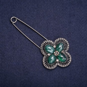 Brooch Pin with Grey Rhinestones and Green Inserts 92x42mm, Dark Silver Metal