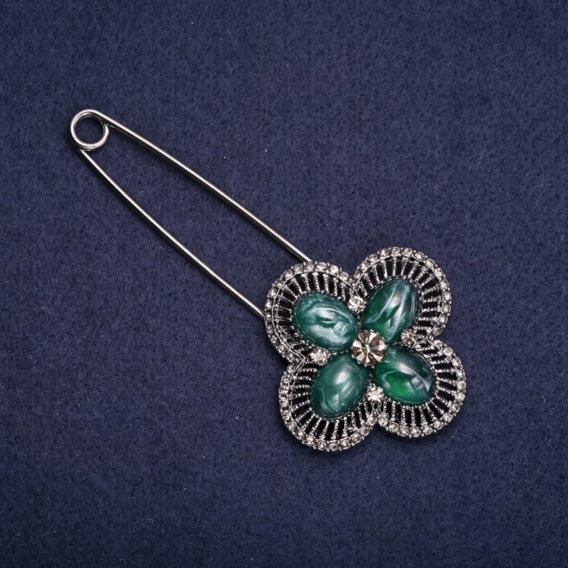 Brooch Pin with Grey Rhinestones and Green Inserts 92x42mm, Dark Silver Metal