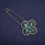 Brooch Pin with Grey Rhinestones and Green Inserts 92x42mm, Dark Silver Metal