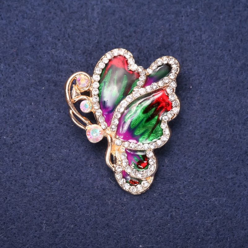 Sale! Butterfly Brooch with White Rhinestones, Red, Green, Purple Enamel 40x33mm Yellow Metal
