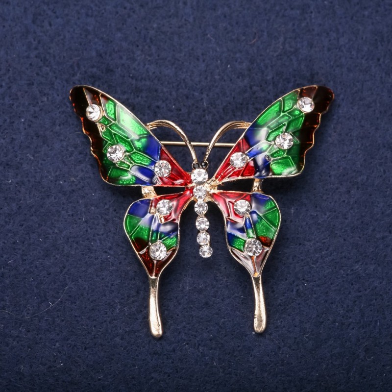 Sale! Butterfly Brooch with White Rhinestones, Red, Green, Burgundy Enamel 49x53mm Yellow Metal
