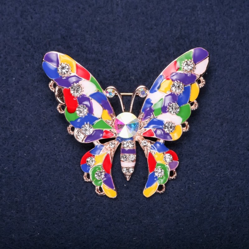 Sale! Butterfly Brooch "Domino" yellow, red, blue, green, white enamel with white crystals 46×51mm yellow metal