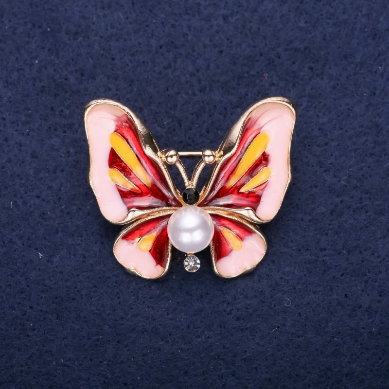Sale! Butterfly Brooch with Pearl Bead Pink and Red Enamel 30x35mm Yellow Metal