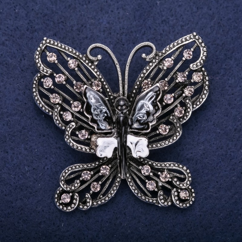 Sale! Butterfly Brooch Grey Rhinestones 55x57mm Silver-Tone Metal