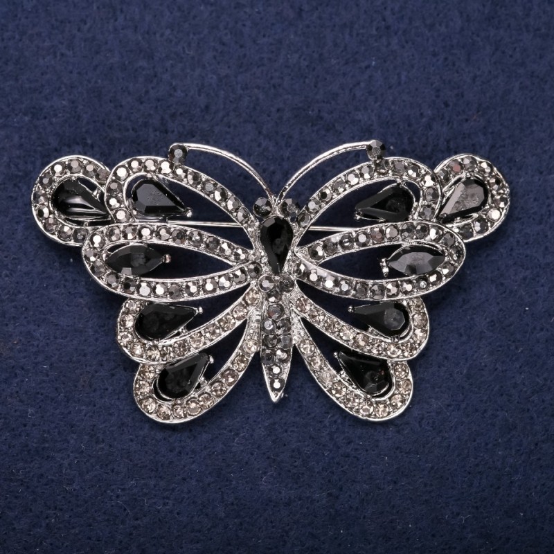Sale! Butterfly Brooch Black Rhinestones 39x67mm Silver-Tone Metal