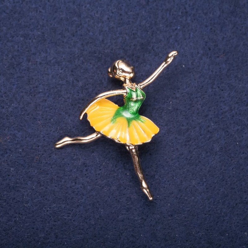 Sale! Ballerina Brooch Yellow Green Enamel 45x45mm Yellow Metal
