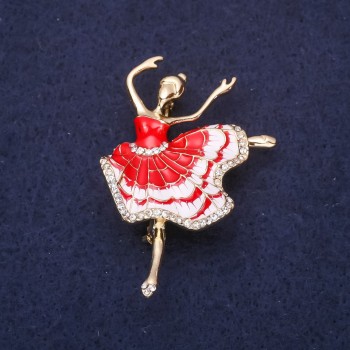 Ballerina Brooch, Red Enamel, 50x34mm, Yellow Metal