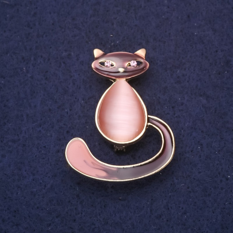 Cat Brooch Enamel with Cat's Eye Stone Pink Brown Colour 37x30mm Yellow Metal