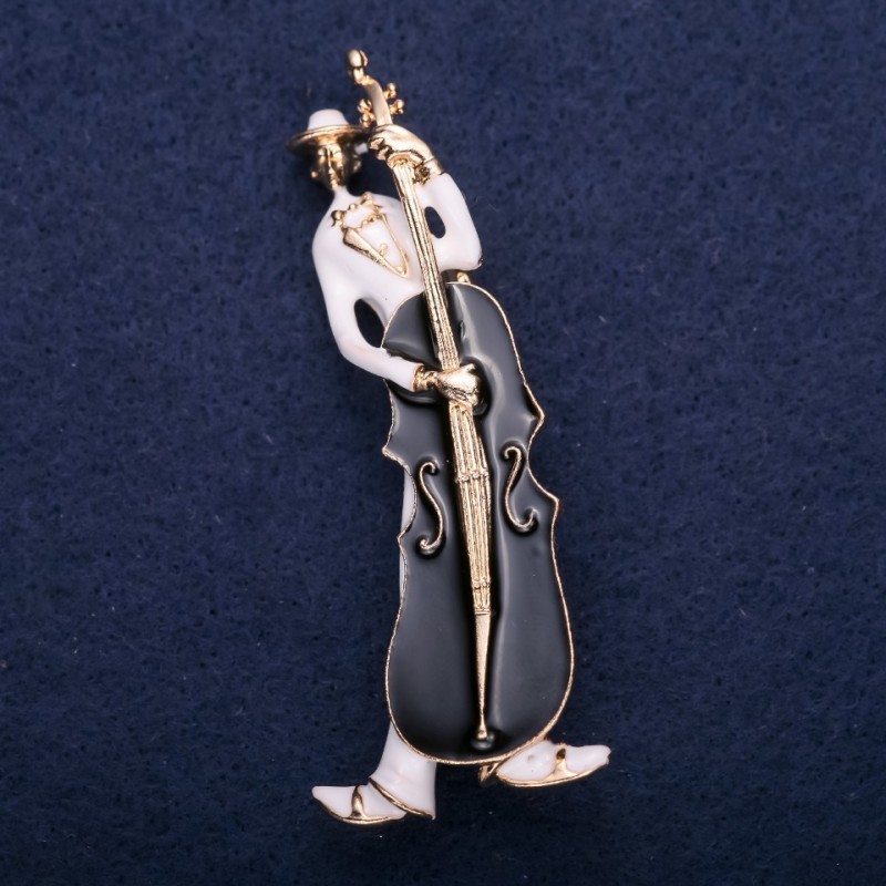 Sale! Musician Brooch, White and Black Enamel, 67x26mm, Yellow Metal
