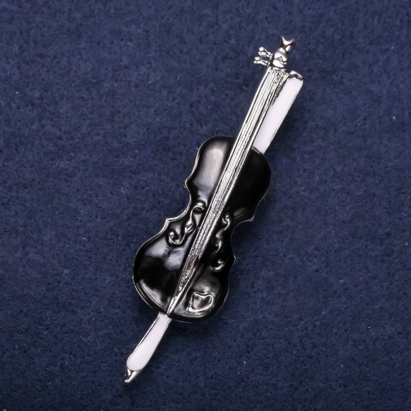 Sale! Music Brooch Violin, Black Enamel, 65x17mm, Silver-Tone Metal