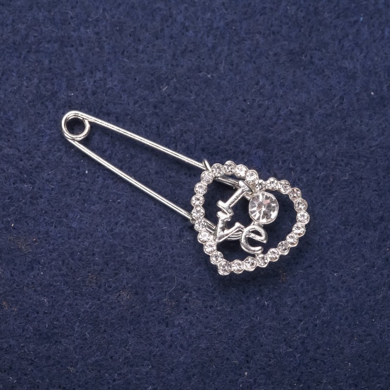 Pin Brooch Heart LOVE with White Rhinestones 43x18mm Silver-tone Metal