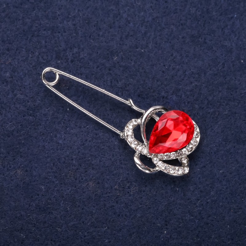Pin Brooch Flower with White Rhinestones, Red Stone 46x19mm Silver-tone Metal
