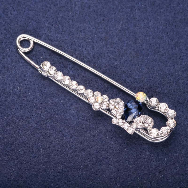 Pin Brooch Crown with White Rhinestones, Blue Stone 76x18mm Silver-tone Metal