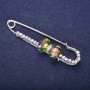 Sale! Pin Brooch with White Rhinestones, Raspberry and Green Stones 72x20mm Silver-tone Metal