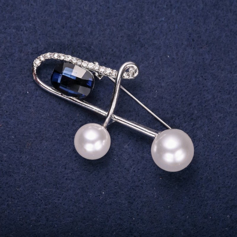 Accent Brooch with White Rhinestones, Pearl Beads, Blue Stone 60x35mm Silver-tone Metal
