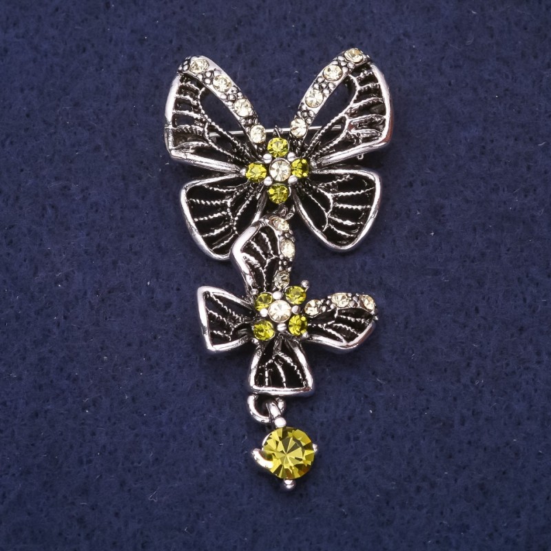Butterfly Brooch with Green Rhinestones 56x28mm Silver-Tone Metal