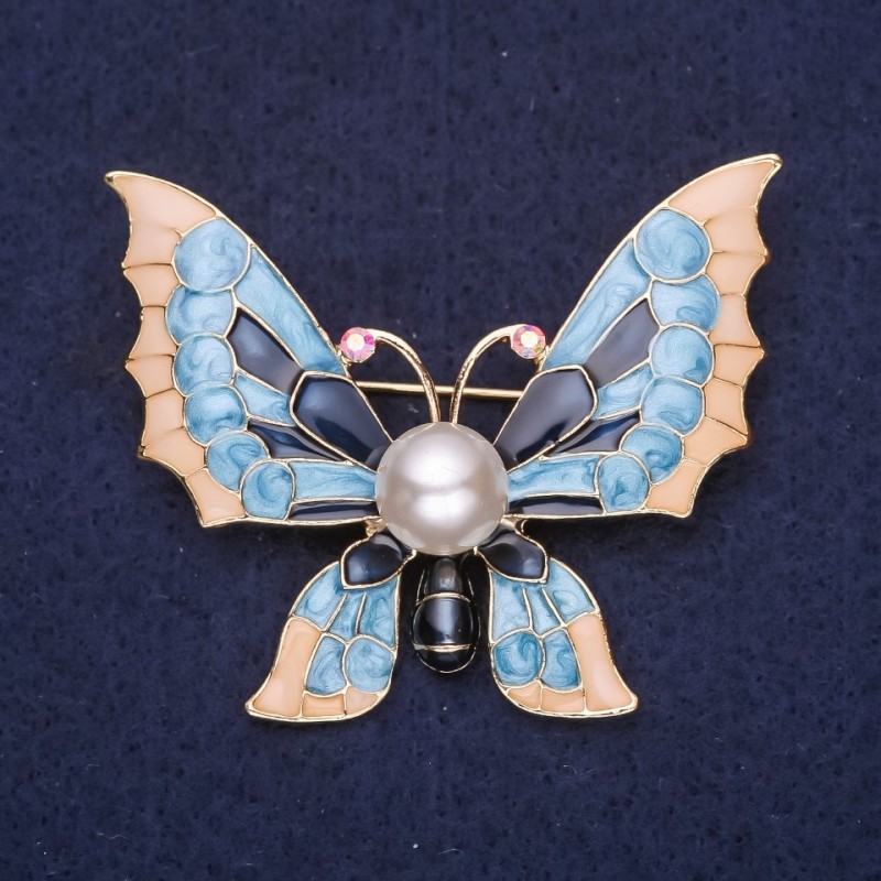 Butterfly Brooch with Pearl Bead Blue and Beige Enamel 40x50mm Yellow Metal