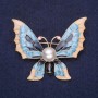 Butterfly Brooch with Pearl Bead Blue and Beige Enamel 40x50mm Yellow Metal