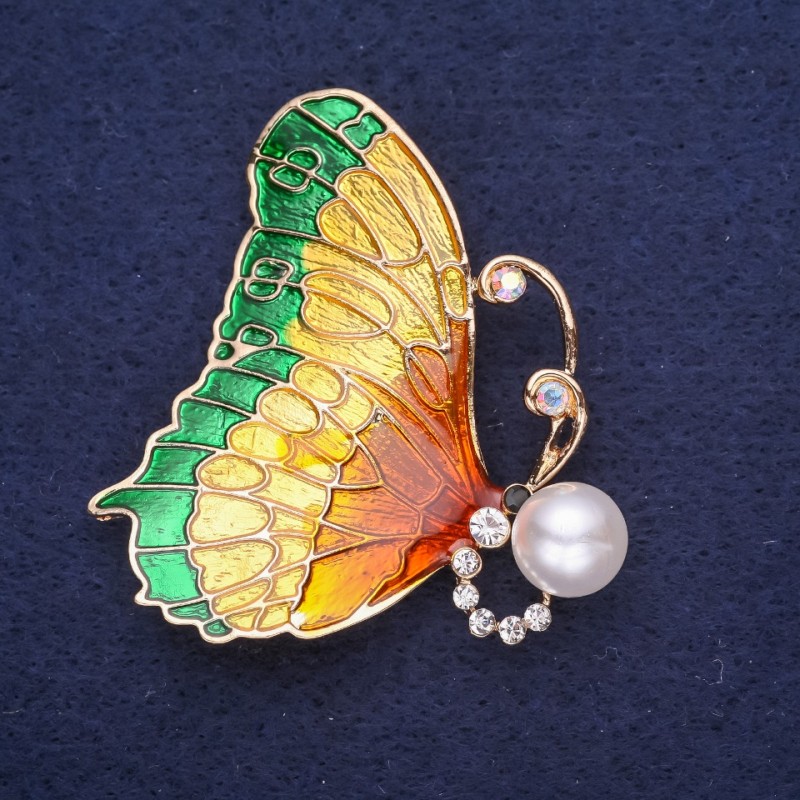 Sale! Butterfly Brooch, White Rhinestones, Enamel, Green Gold-Tone, 49x45mm, Yellow Metal