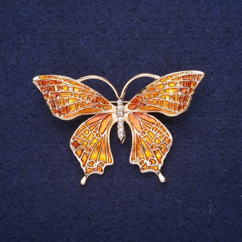 Sale! Butterfly Brooch, White Rhinestones, Enamel, Gold-Tone, 49x32mm, Yellow Metal