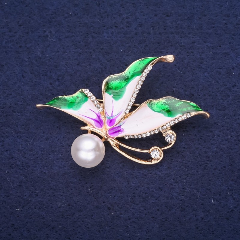 Sale! Butterfly Brooch, White Rhinestones, Enamel, Green White Lilac, with Pearl Bead, 40x30mm, Yellow Metal