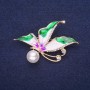 Sale! Butterfly Brooch, White Rhinestones, Enamel, Green White Lilac, with Pearl Bead, 40x30mm, Yellow Metal