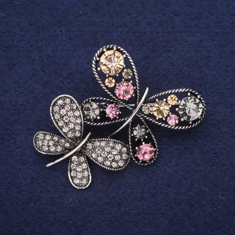 Sale! Butterfly Brooch, Rhinestones, Yellow Lilac Grey, 45x35mm, Silver-Tone Metal