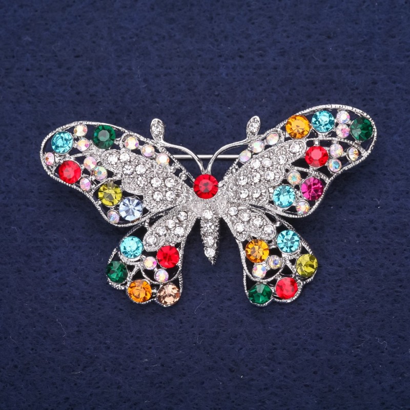 Sale! Butterfly Brooch, Rhinestones, Red Blue Pink Green Raspberry White, 57x34mm, Silver-Tone Metal