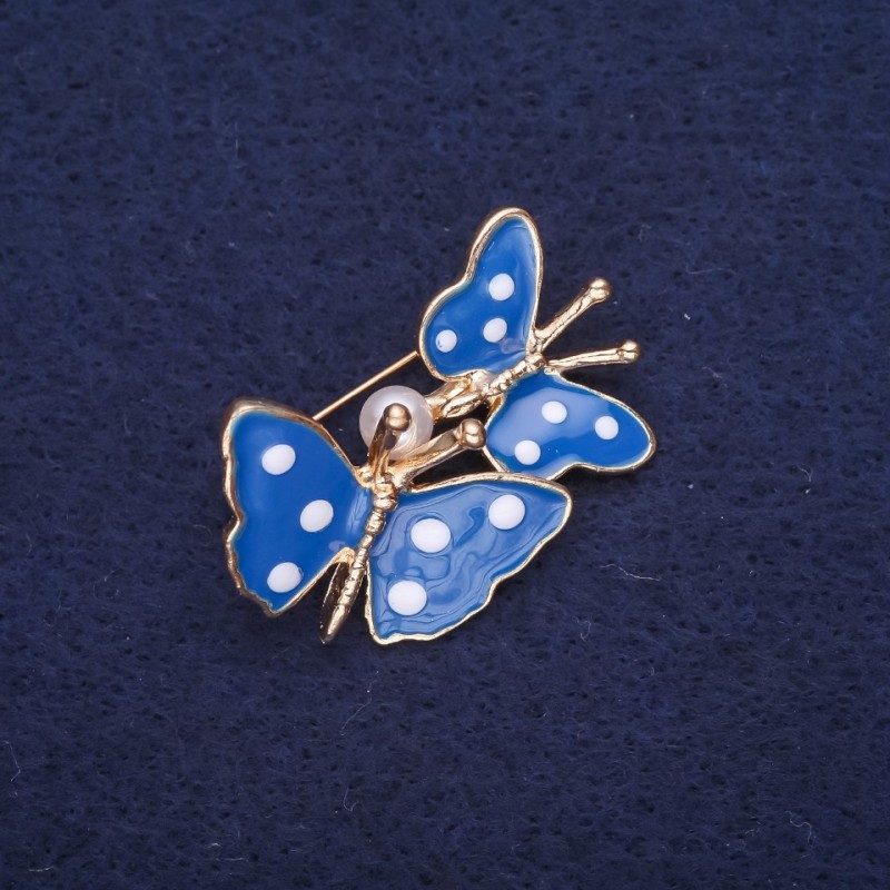 Sale! Butterflies Brooch, Blue Enamel, 32x26mm, Yellow Metal