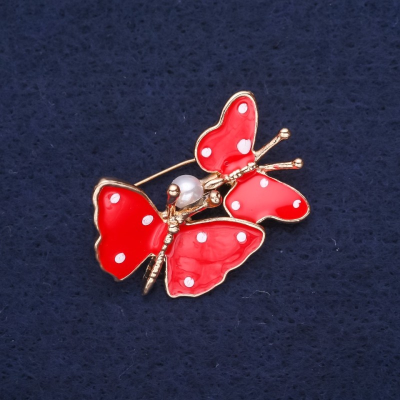 Sale! Butterflies Brooch, Red Enamel, 32x26mm, Yellow Metal