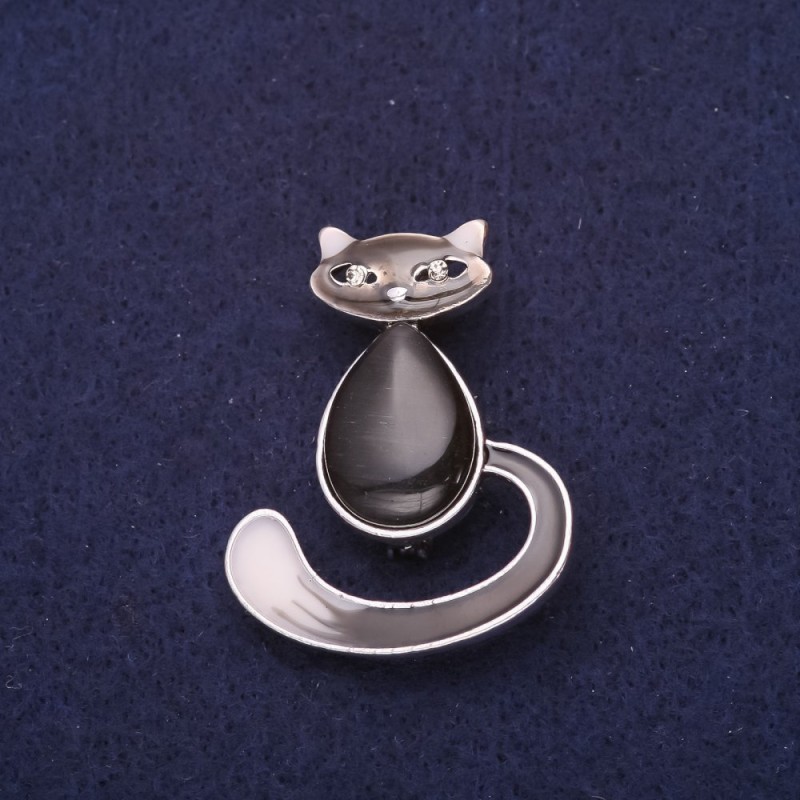 Cat Brooch, black enamel, Cat's Eye stone, 39x30mm, silver-tone metal